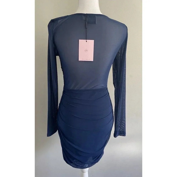 NWT Hello Molly Dress Ruched Sides Long Sleeve Sheer Back Navy Blue Large L New - Picture 3 of 5